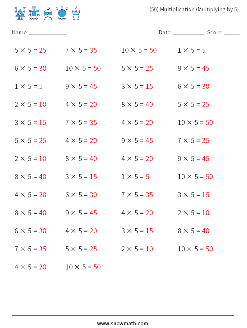 (50) Multiplication (Multiplying by 5) Maths Worksheets 4 Question, Answer