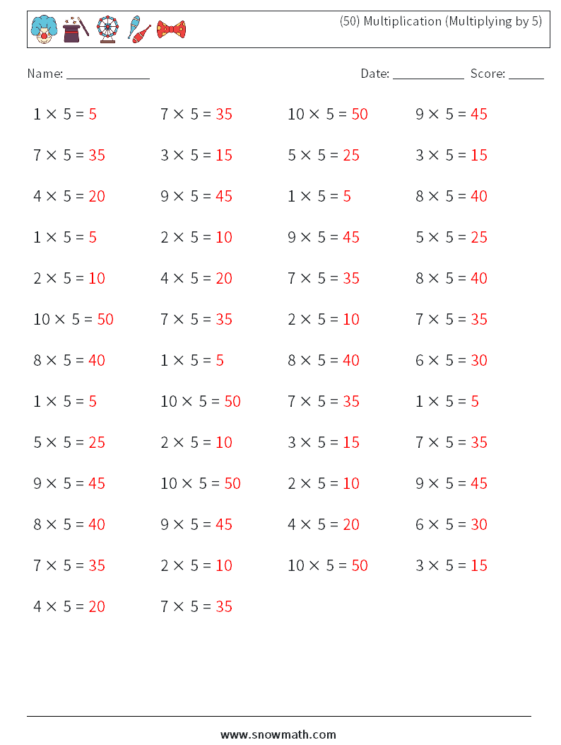 (50) Multiplication (Multiplying by 5) Maths Worksheets 5 Question, Answer