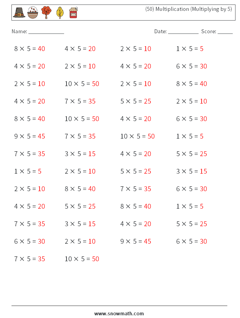 (50) Multiplication (Multiplying by 5) Maths Worksheets 8 Question, Answer