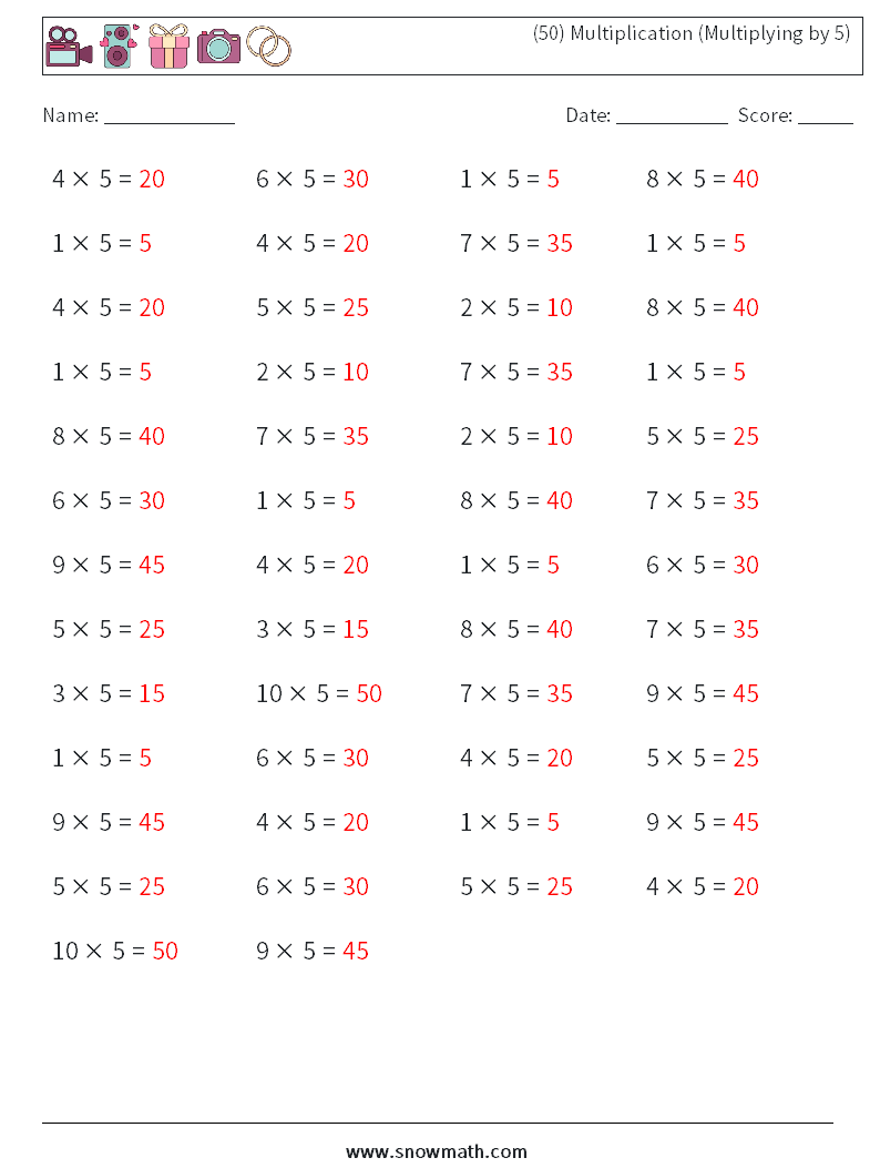 (50) Multiplication (Multiplying by 5) Maths Worksheets 9 Question, Answer