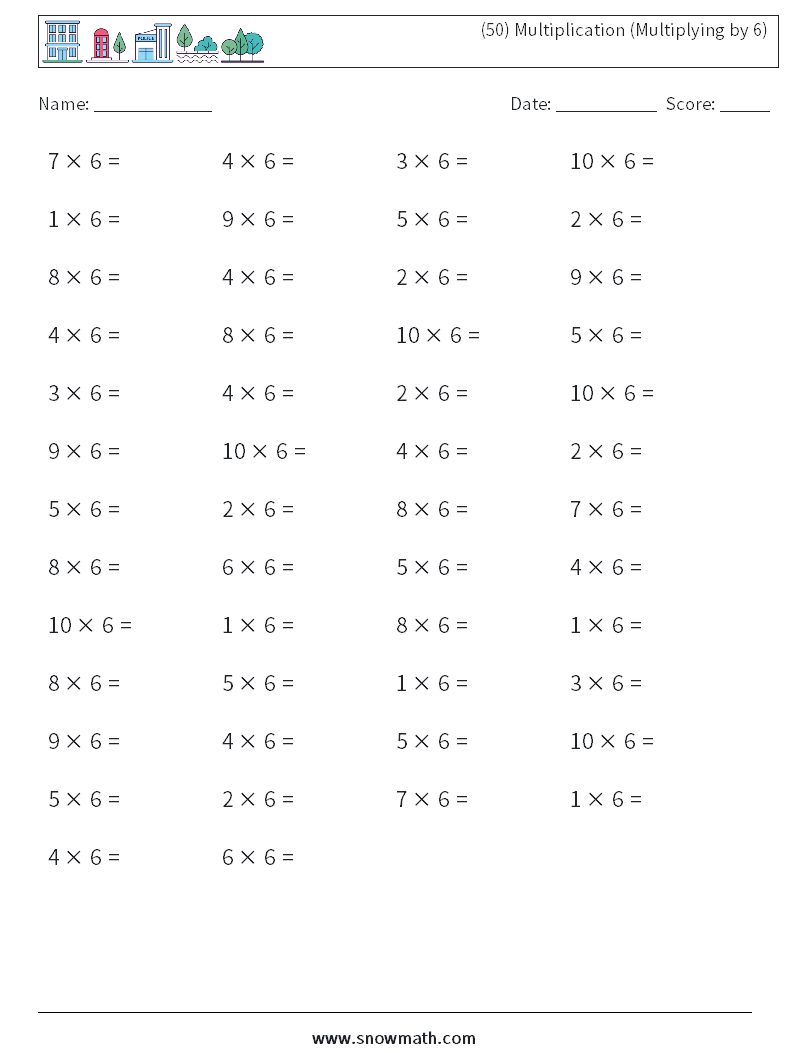 (50) Multiplication (Multiplying by 6) Maths Worksheets 1