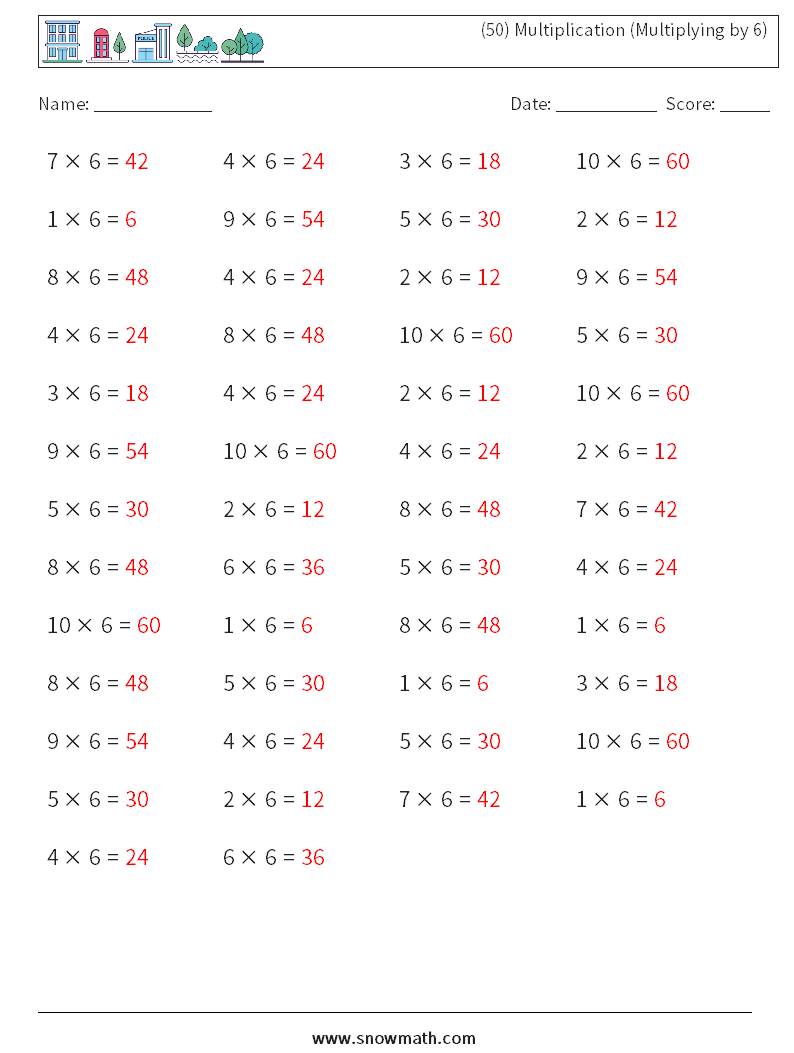 (50) Multiplication (Multiplying by 6) Maths Worksheets 1 Question, Answer
