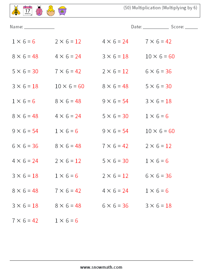 (50) Multiplication (Multiplying by 6) Maths Worksheets 3 Question, Answer