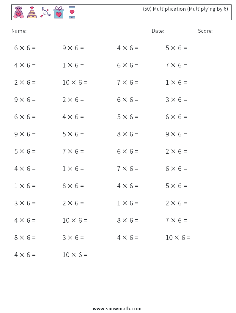 (50) Multiplication (Multiplying by 6) Maths Worksheets 4