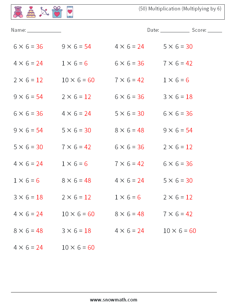 (50) Multiplication (Multiplying by 6) Maths Worksheets 4 Question, Answer