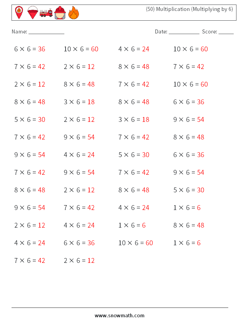 (50) Multiplication (Multiplying by 6) Maths Worksheets 5 Question, Answer