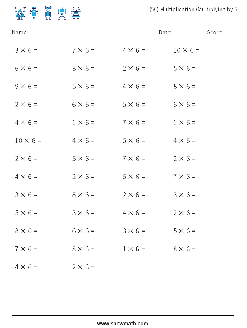 (50) Multiplication (Multiplying by 6) Maths Worksheets 6