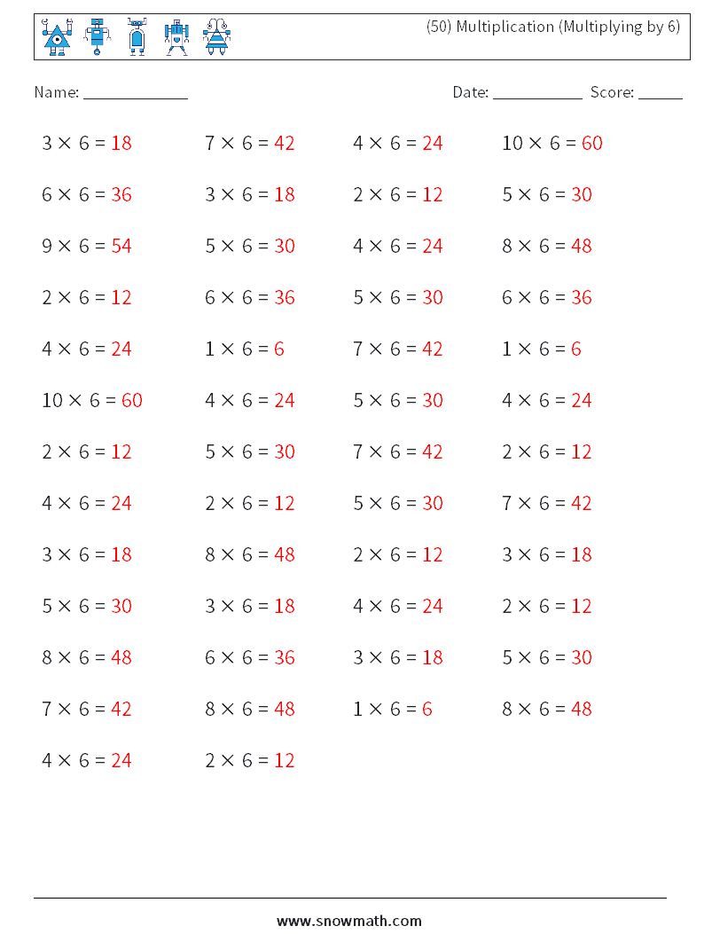 (50) Multiplication (Multiplying by 6) Maths Worksheets 6 Question, Answer