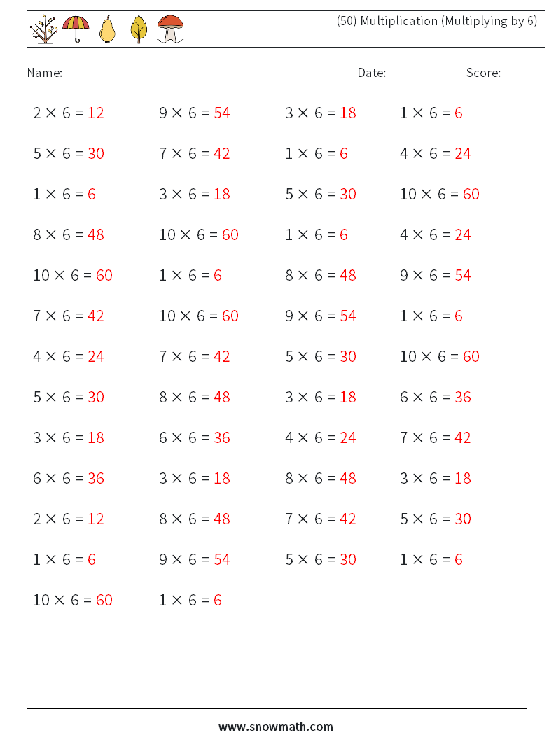 (50) Multiplication (Multiplying by 6) Maths Worksheets 7 Question, Answer