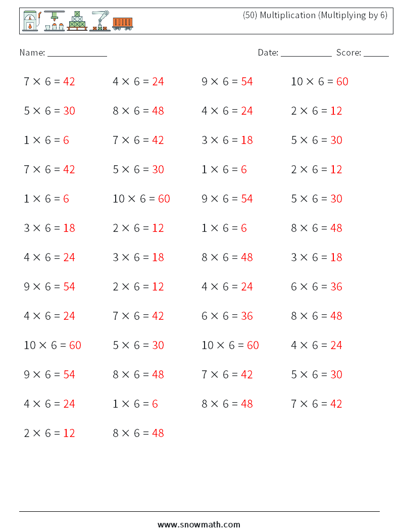 (50) Multiplication (Multiplying by 6) Maths Worksheets 8 Question, Answer