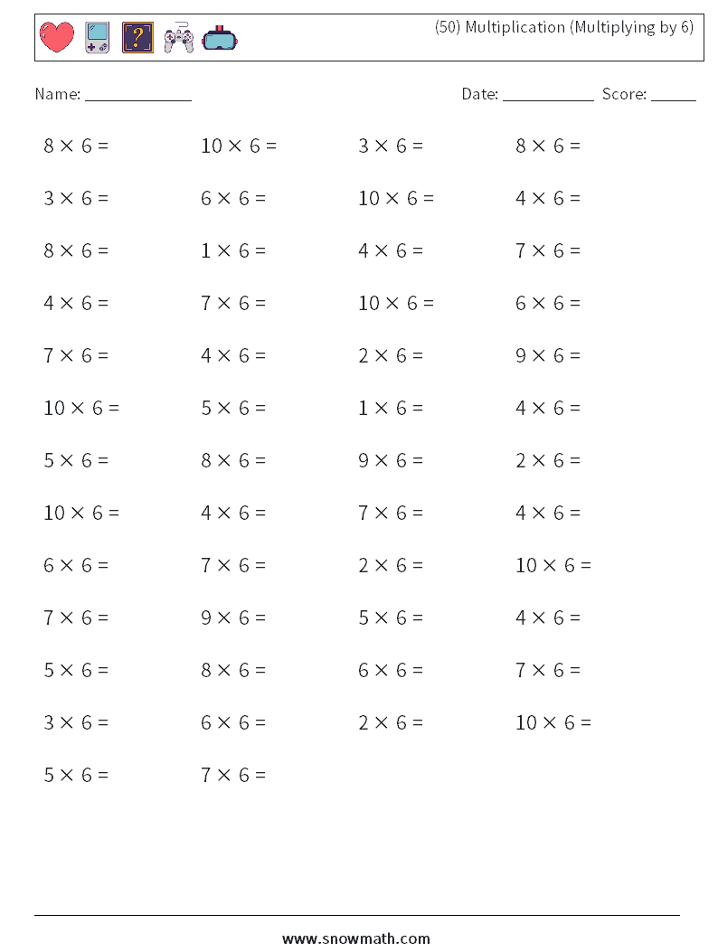 (50) Multiplication (Multiplying by 6) Maths Worksheets 9