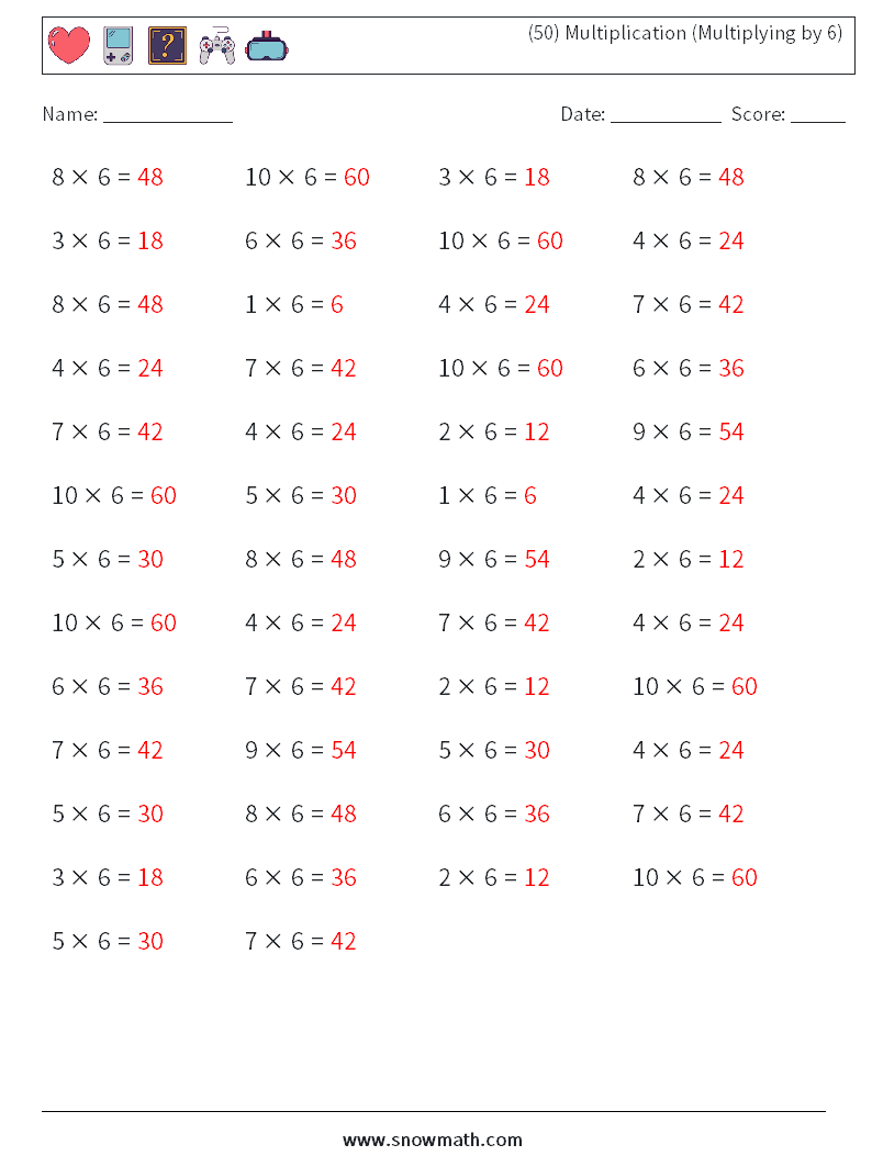 (50) Multiplication (Multiplying by 6) Maths Worksheets 9 Question, Answer