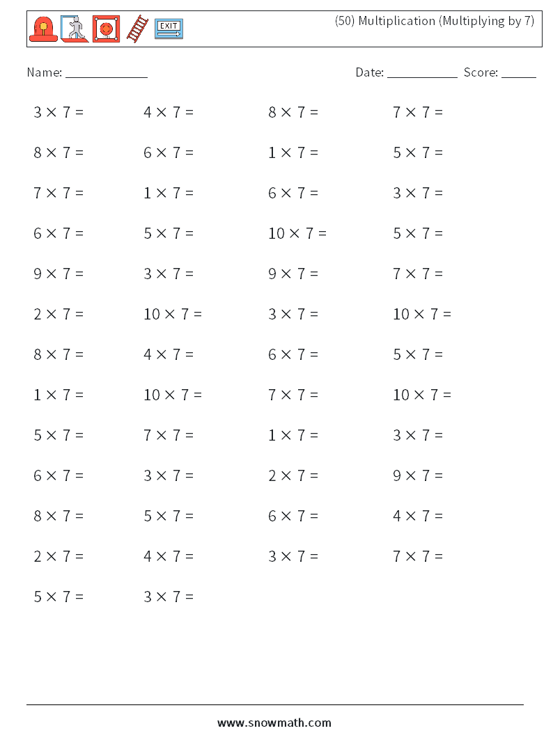 (50) Multiplication (Multiplying by 7) Maths Worksheets 2