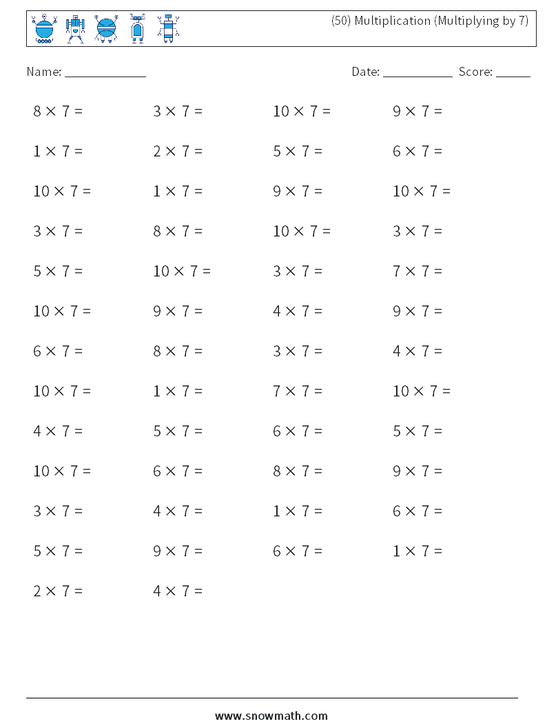 (50) Multiplication (Multiplying by 7) Maths Worksheets 3