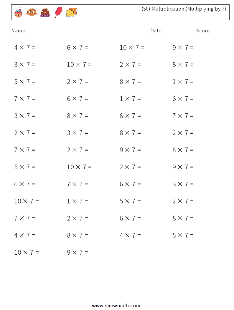 (50) Multiplication (Multiplying by 7) Maths Worksheets 8