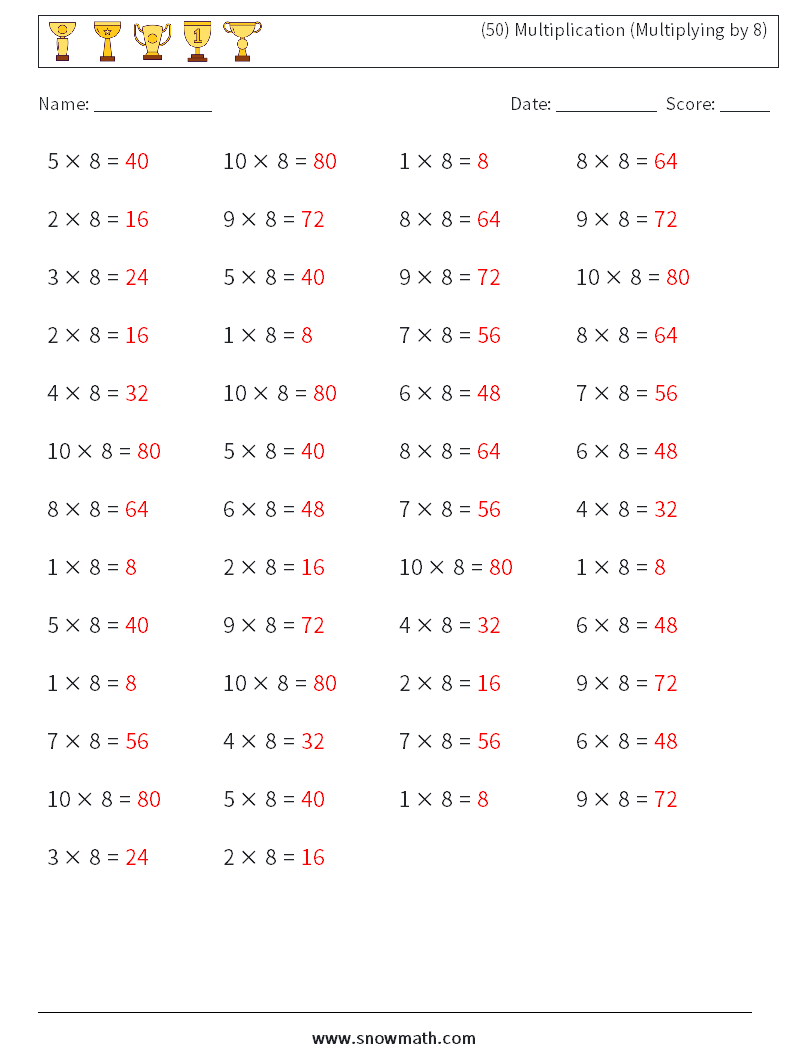 (50) Multiplication (Multiplying by 8) Maths Worksheets 1 Question, Answer