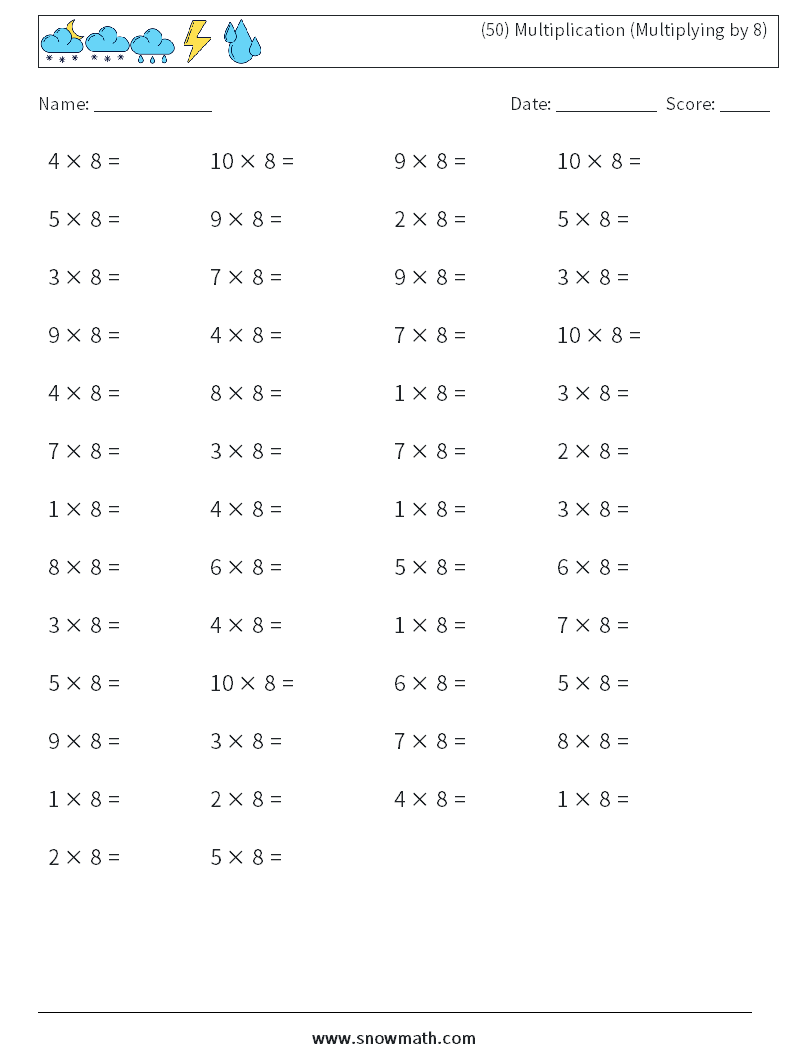 (50) Multiplication (Multiplying by 8) Maths Worksheets 2