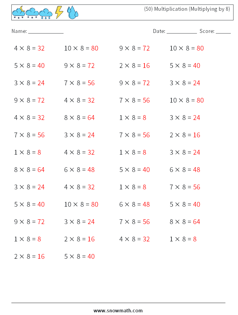 (50) Multiplication (Multiplying by 8) Maths Worksheets 2 Question, Answer