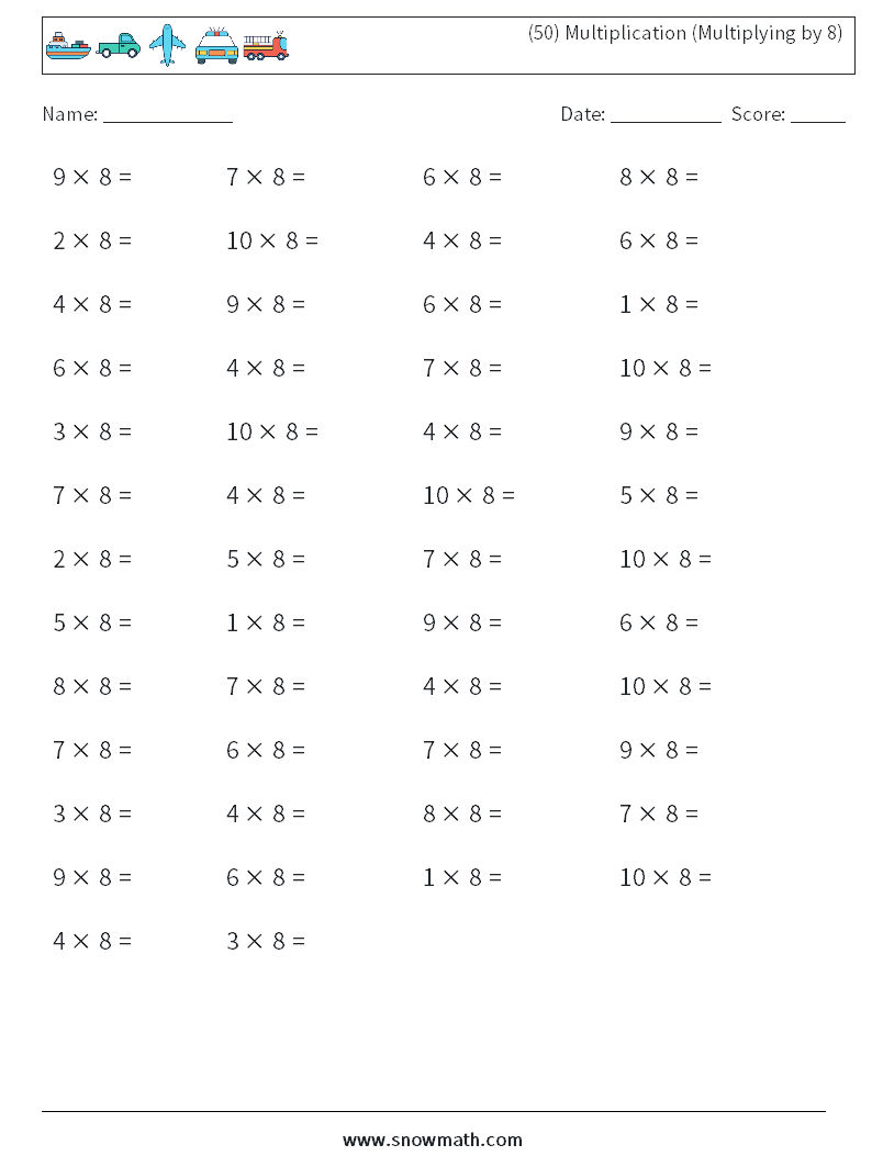 (50) Multiplication (Multiplying by 8) Maths Worksheets 3