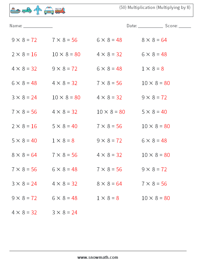 (50) Multiplication (Multiplying by 8) Maths Worksheets 3 Question, Answer