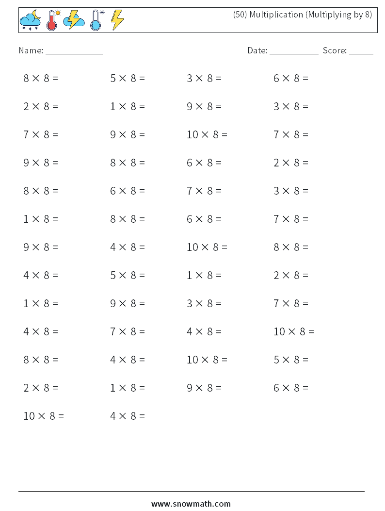 (50) Multiplication (Multiplying by 8) Maths Worksheets 4