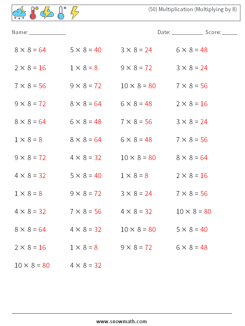 (50) Multiplication (Multiplying by 8) Maths Worksheets 4 Question, Answer