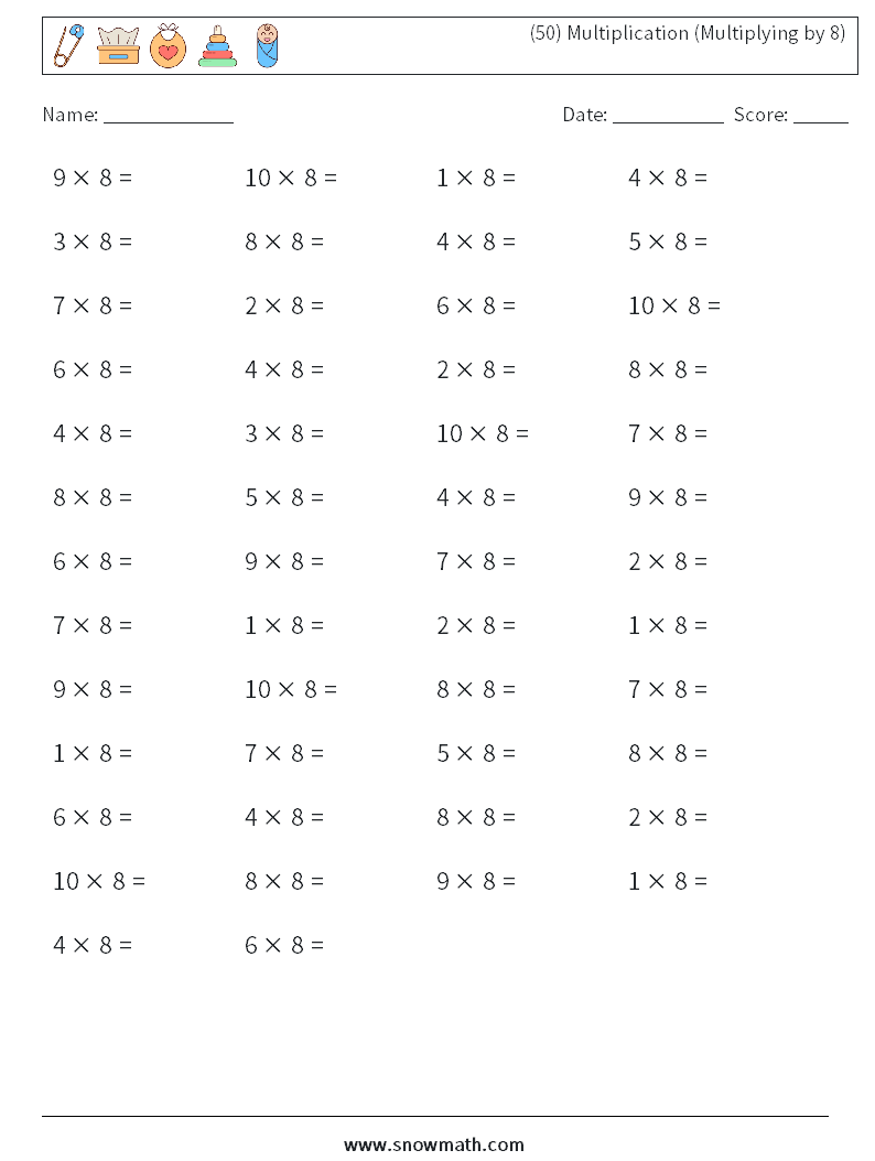 (50) Multiplication (Multiplying by 8) Maths Worksheets 5