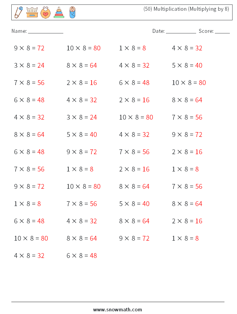 (50) Multiplication (Multiplying by 8) Maths Worksheets 5 Question, Answer