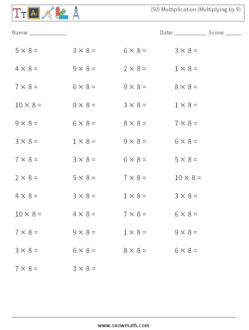 (50) Multiplication (Multiplying by 8) Maths Worksheets 7