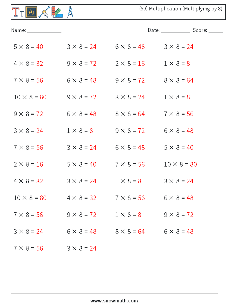 (50) Multiplication (Multiplying by 8) Maths Worksheets 7 Question, Answer