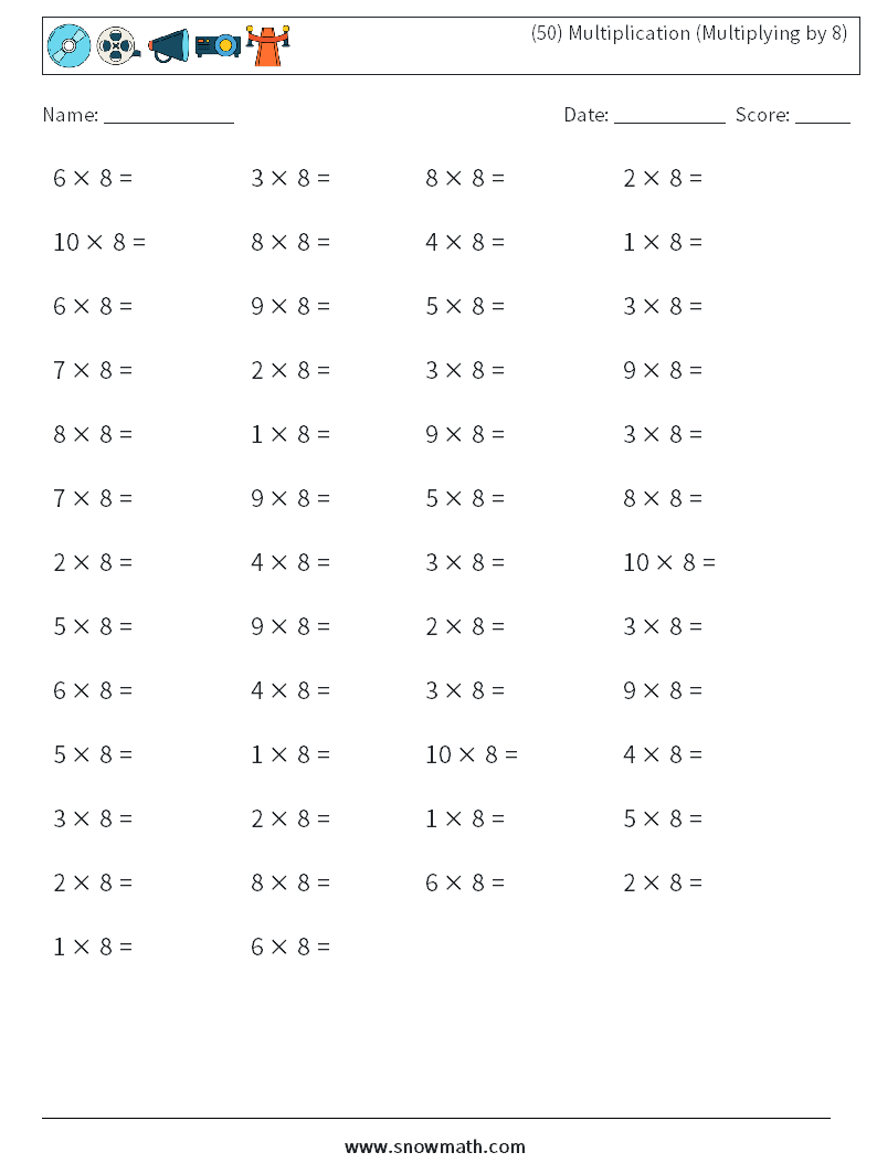 (50) Multiplication (Multiplying by 8) Maths Worksheets 8