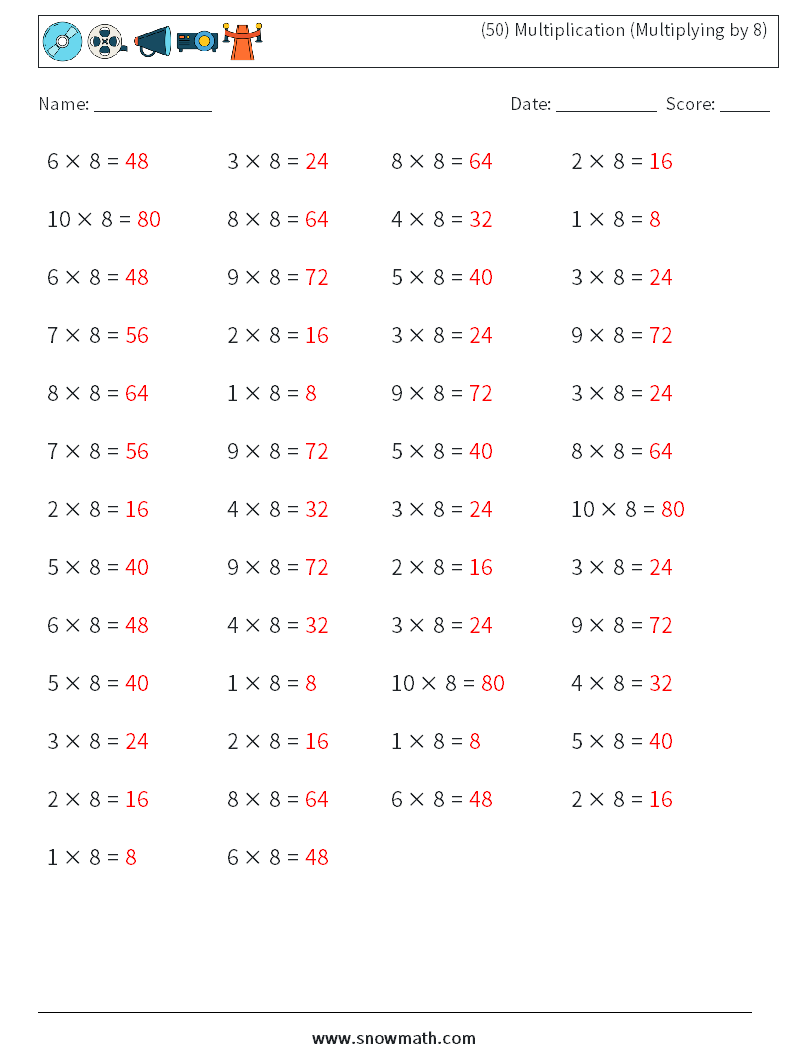 (50) Multiplication (Multiplying by 8) Maths Worksheets 8 Question, Answer