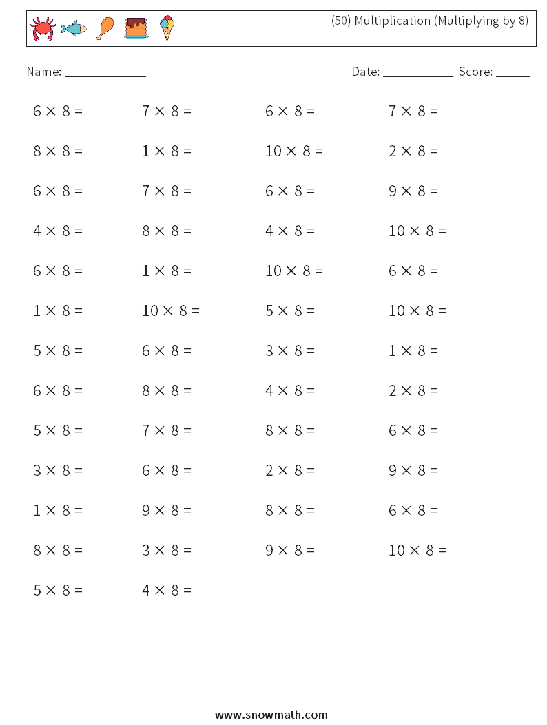 (50) Multiplication (Multiplying by 8) Maths Worksheets 9