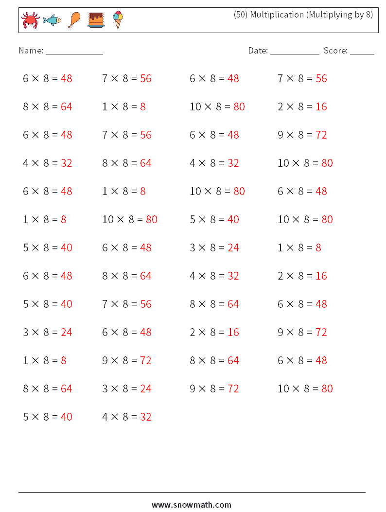 (50) Multiplication (Multiplying by 8) Maths Worksheets 9 Question, Answer