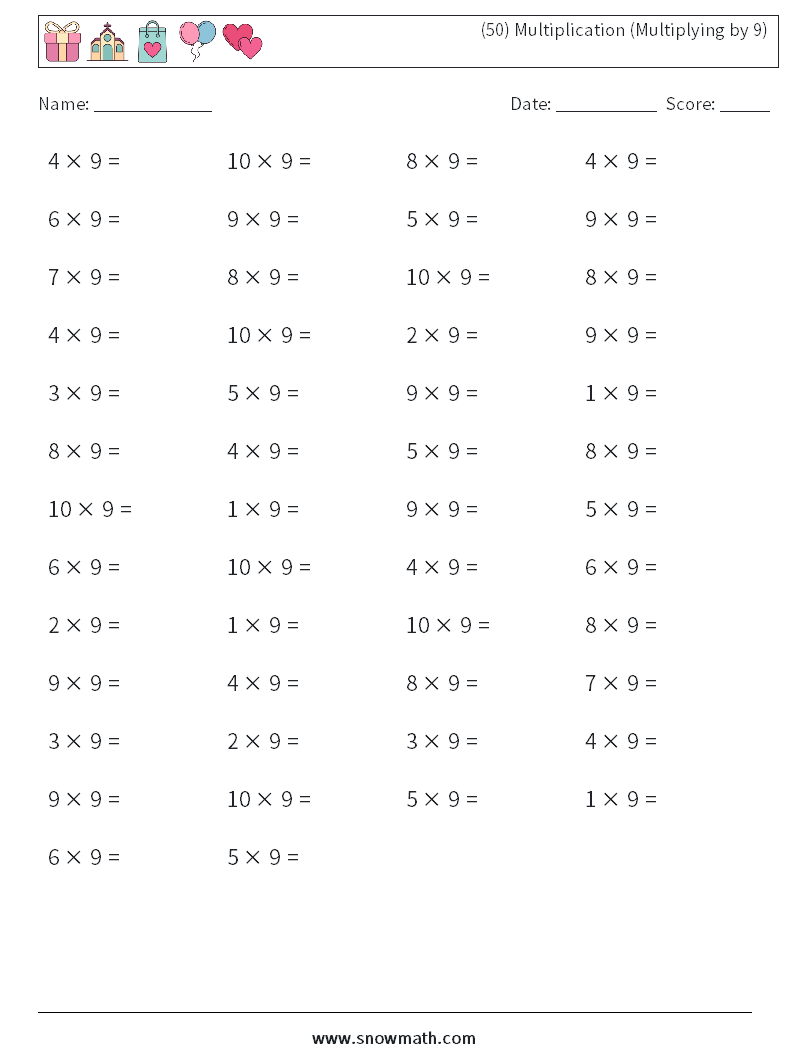 (50) Multiplication (Multiplying by 9) Maths Worksheets 1