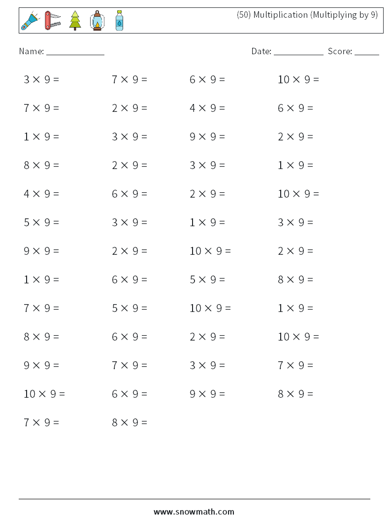 (50) Multiplication (Multiplying by 9) Maths Worksheets 2