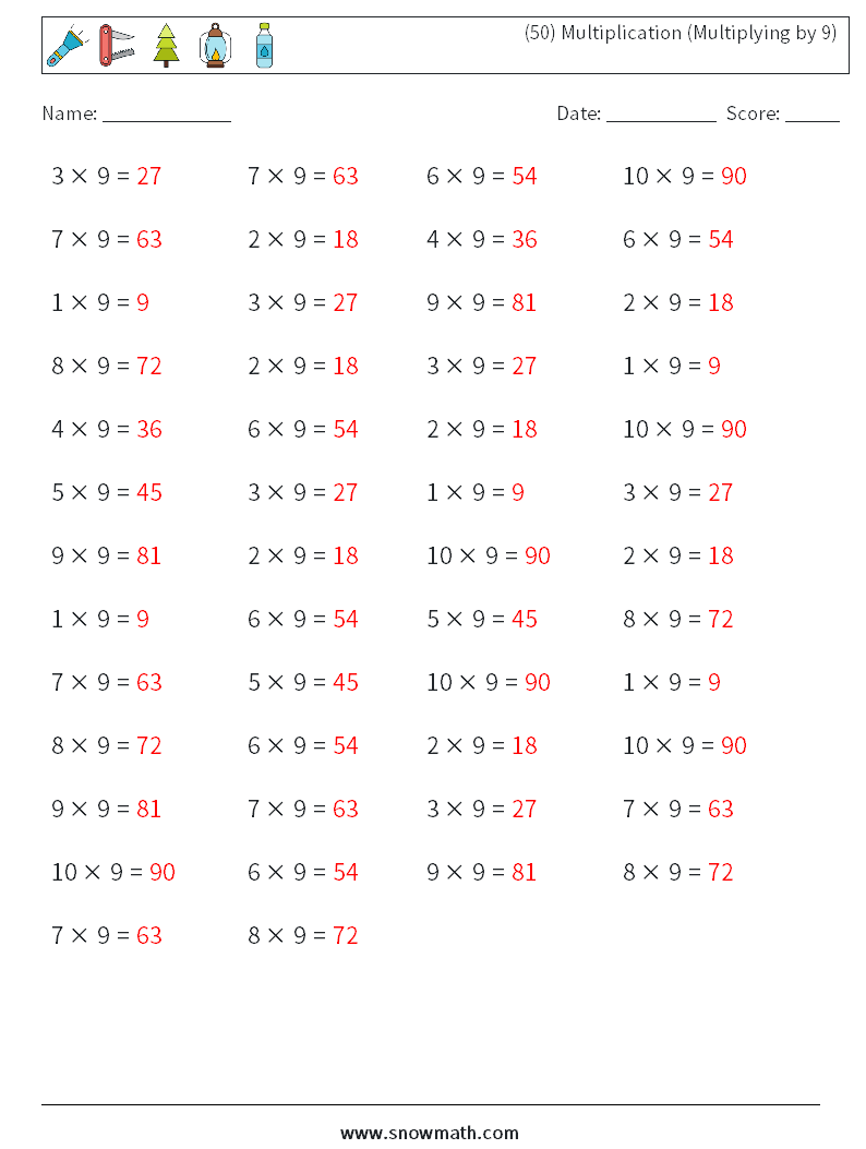 (50) Multiplication (Multiplying by 9) Maths Worksheets 2 Question, Answer