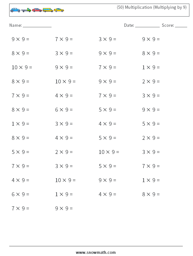 (50) Multiplication (Multiplying by 9) Maths Worksheets 5