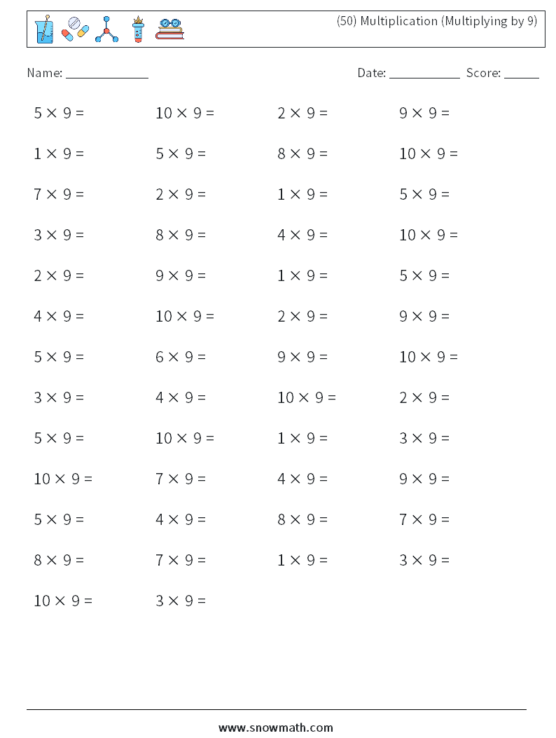 (50) Multiplication (Multiplying by 9) Maths Worksheets 7