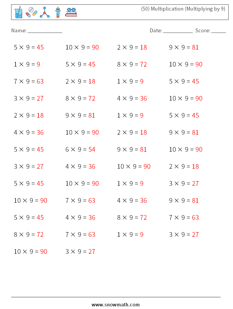 (50) Multiplication (Multiplying by 9) Maths Worksheets 7 Question, Answer