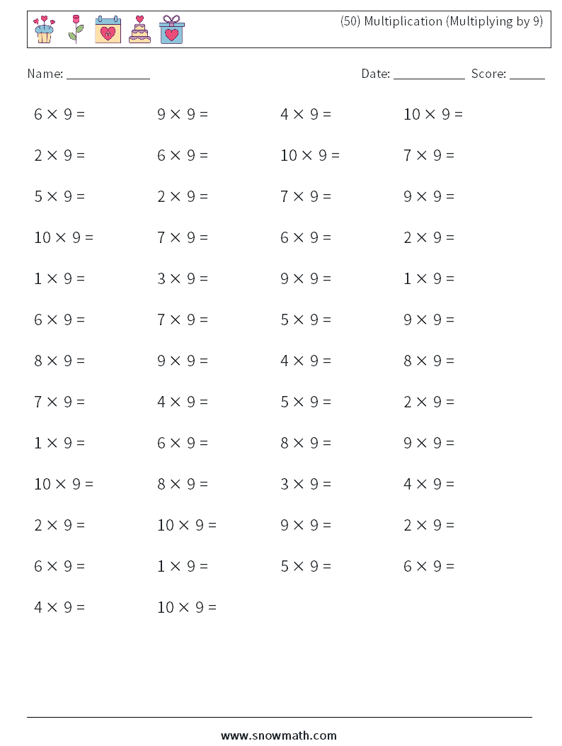 (50) Multiplication (Multiplying by 9) Maths Worksheets 8