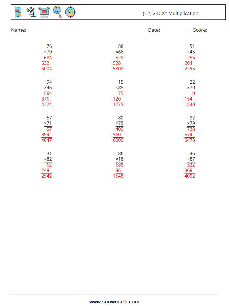 (12) 2-Digit Multiplication Maths Worksheets 11 Question, Answer