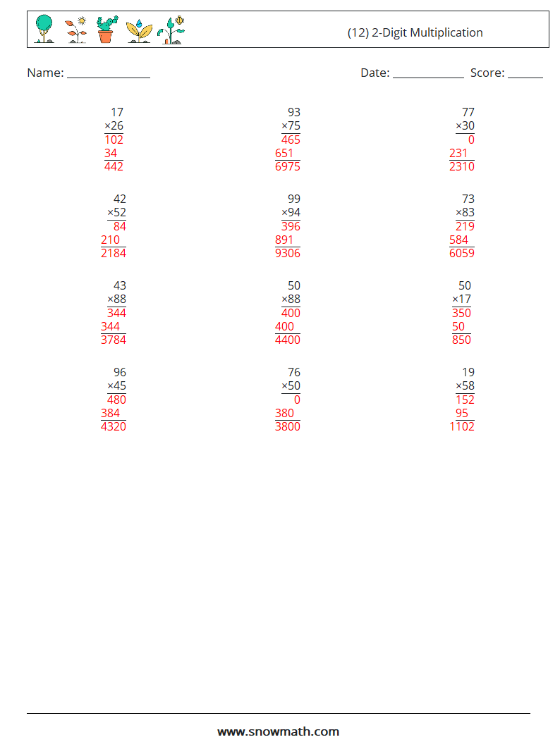 (12) 2-Digit Multiplication Maths Worksheets 12 Question, Answer