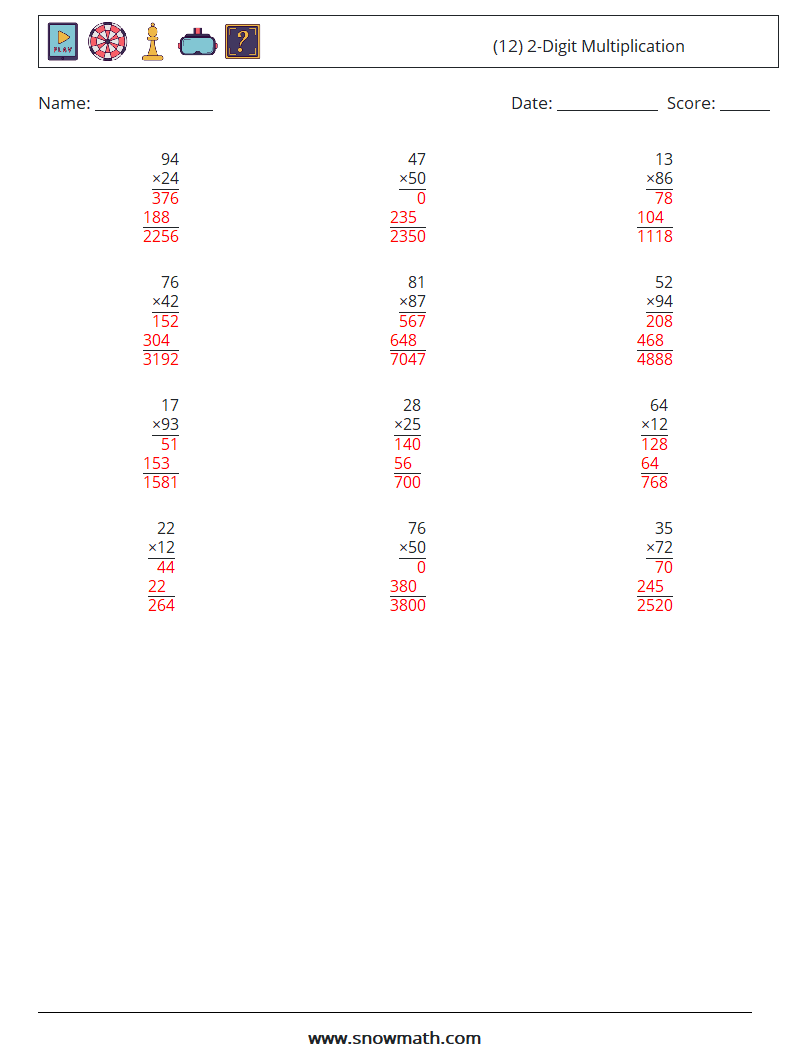 (12) 2-Digit Multiplication Maths Worksheets 15 Question, Answer