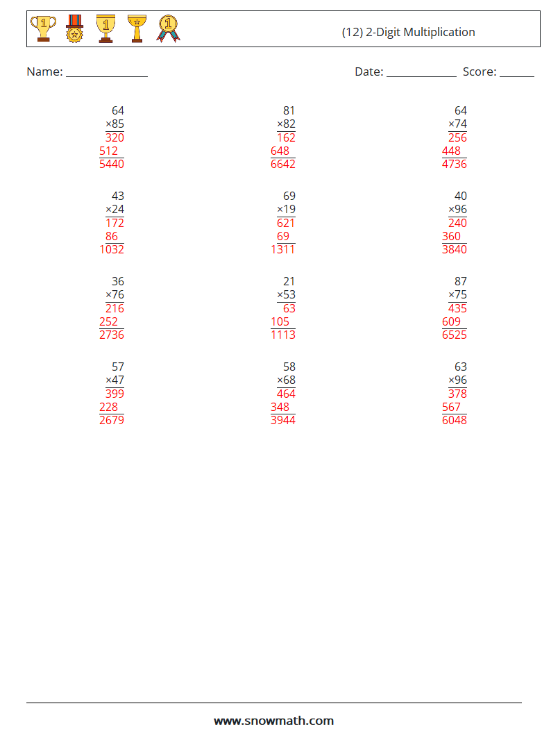 (12) 2-Digit Multiplication Maths Worksheets 18 Question, Answer