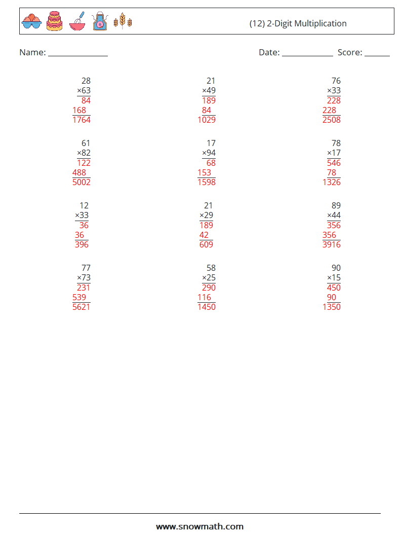 (12) 2-Digit Multiplication Maths Worksheets 1 Question, Answer