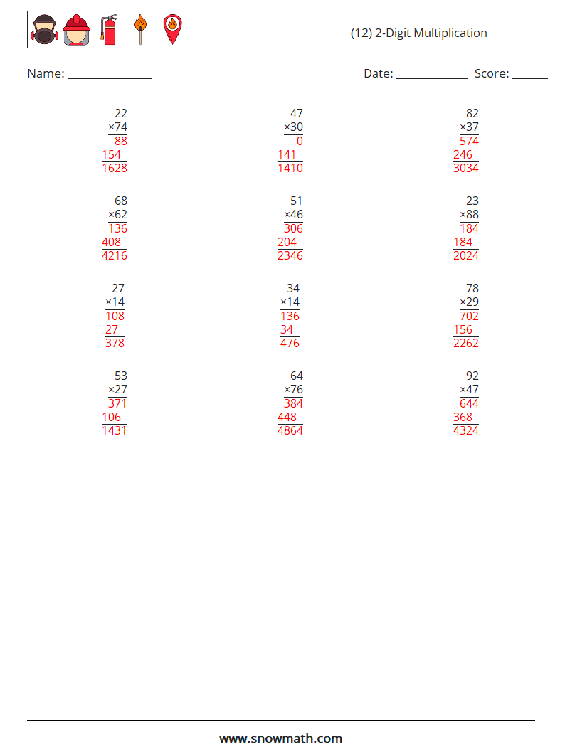 (12) 2-Digit Multiplication Maths Worksheets 2 Question, Answer