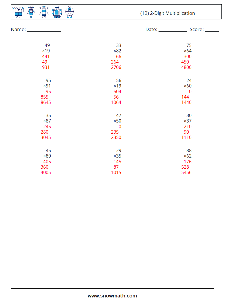 (12) 2-Digit Multiplication Maths Worksheets 3 Question, Answer