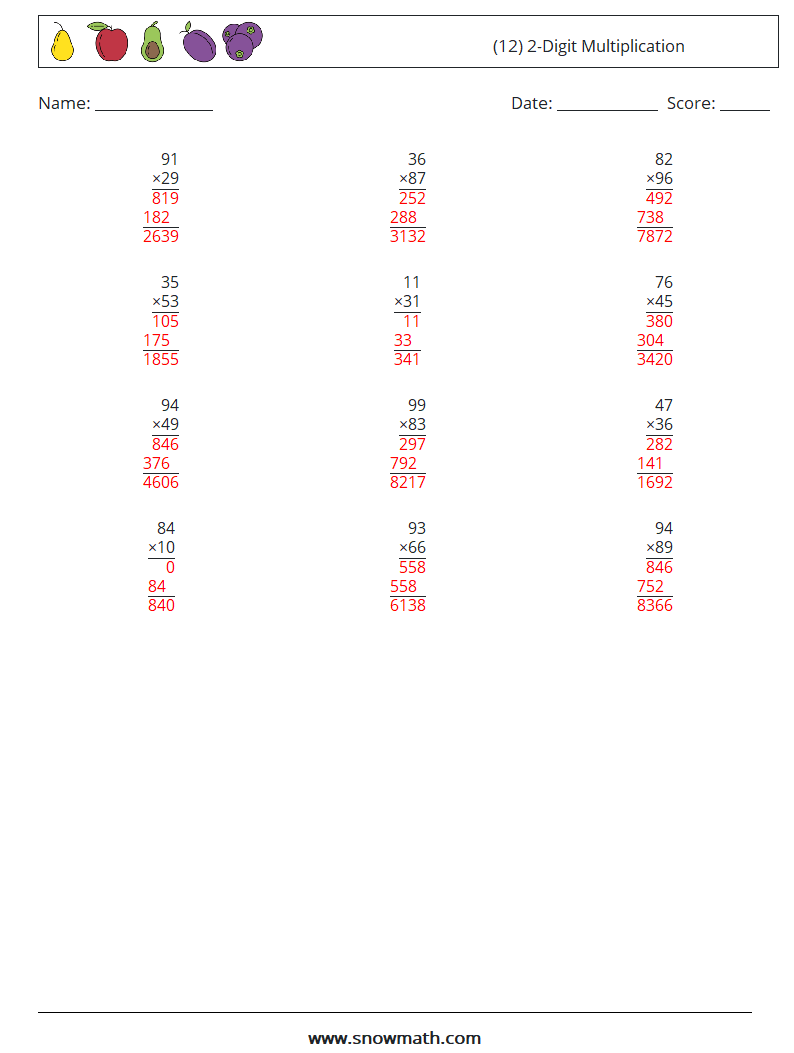 (12) 2-Digit Multiplication Maths Worksheets 4 Question, Answer