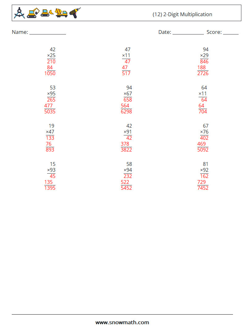 (12) 2-Digit Multiplication Maths Worksheets 5 Question, Answer